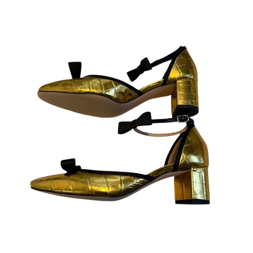 Millie Bow Ankle-Strap Heels in Metallic Croc-Embossed Leather in Gold Size 8.5 - Picture 5 of 13